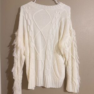 Chic White Cable Knit Sweater with Fringe